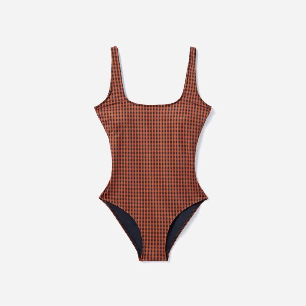 Everlane The Square-Neck One-Piece Swimsuit Sz S Renew Gingham Plaid Brown